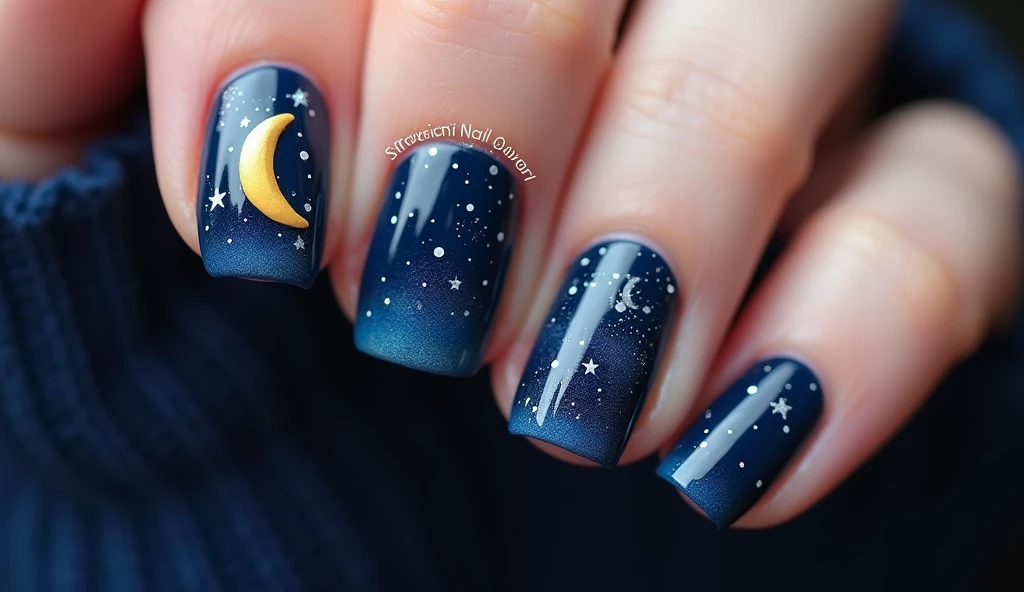 **Moonlit Kiss Nail Art:** The nails are painted in deep midnight blue with tiny shimmering stars. On the left, the background depicts a glowing crescent moon in a romantic night sky, enhancing the celestial vibe.