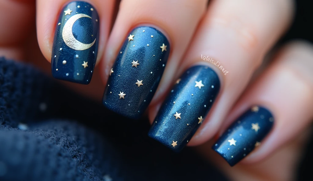 **Moonlit Kiss Nail Art:** The nails are painted in deep midnight blue with tiny shimmering stars. On the left, the background depicts a glowing crescent moon in a romantic night sky, enhancing the celestial vibe.