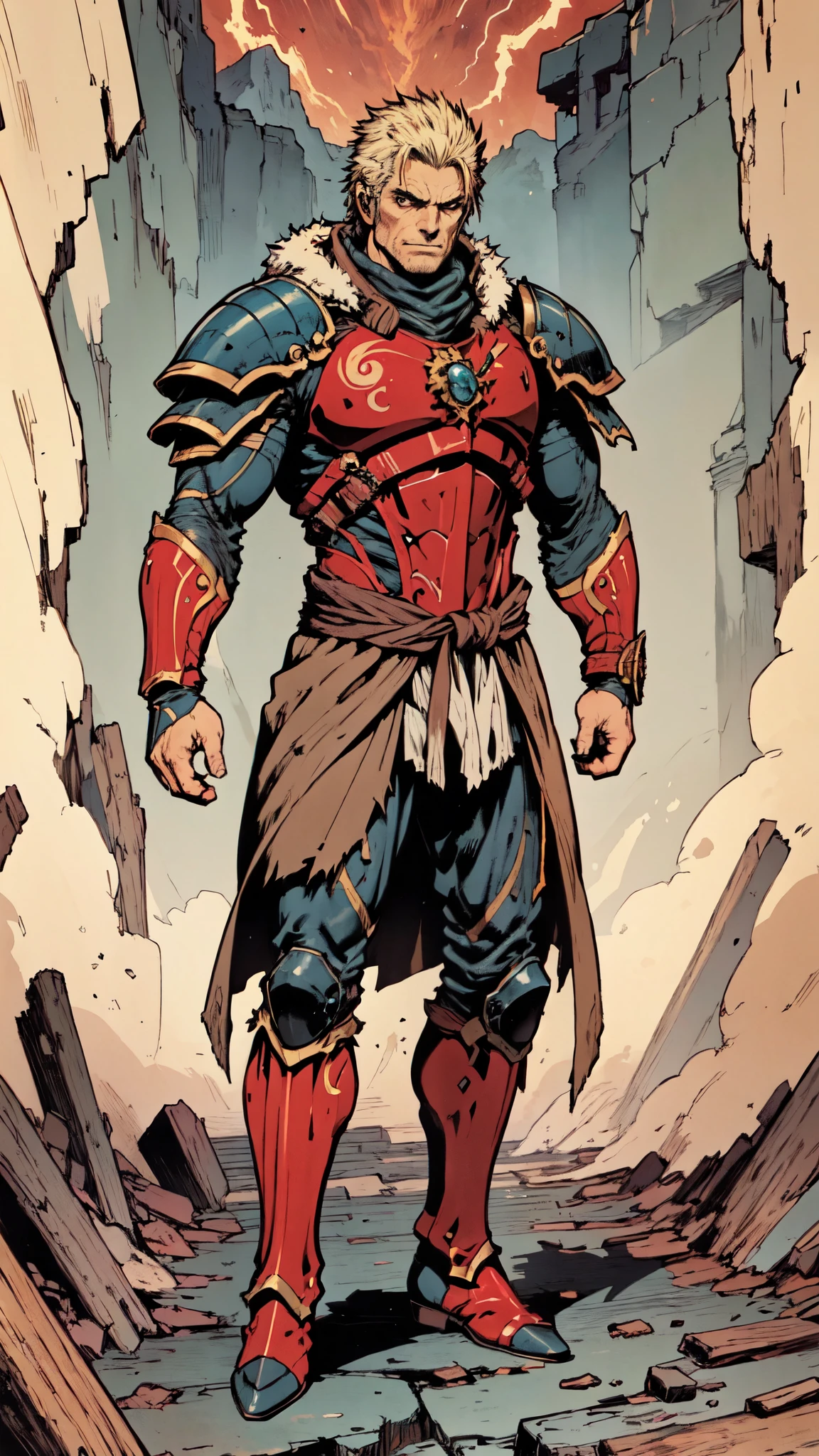 (masterpiece:1.2, best quality:1.2, extremely delicate:1.2), a middle-aged man, wild disheveled long hair streaked in red and black, a rugged and imposing face, a lightning-shaped tattoo on the left side of his face, sharp eyes, a confident smile, a tall and muscular build, a fantasy martial arts-style short-sleeved coat, form-fitting scale armor underneath, a black fur shawl drapes over his shoulders, wrist guards, matching canvas trousers, stands majestically on shattered ground, surrounded by floating debris, this character embodies a finely crafted fantasy martial arts-style overlord in anime style, exquisite and mature manga art style, dramatic, high definition, highres, ultra-detailed, ultra-fine painting, professional, perfect body proportions, golden ratio, anatomically correct, symmetrical face, extremely detailed eyes and face, high quality eyes, creativity, RAW photo, UHD, 32k, Natural light, cinematic lighting, (masterpiece-anatomy-perfect:1.2)