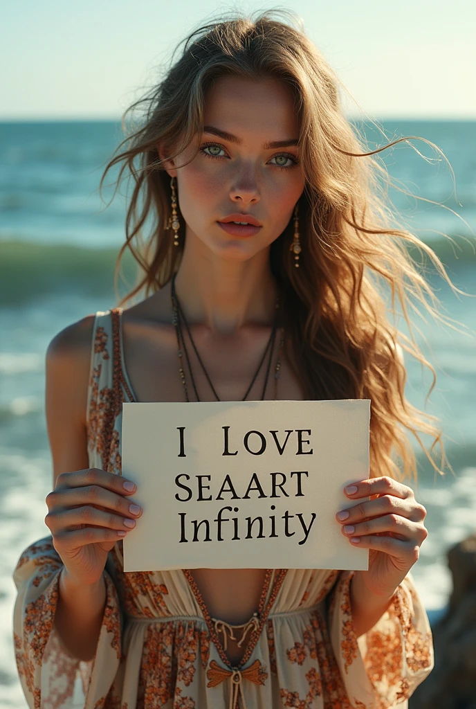 Beautiful girl with wavy long hair, bohemian dress, holding a white board with text "I Love Seaart Infinity" and showing it to the viewer