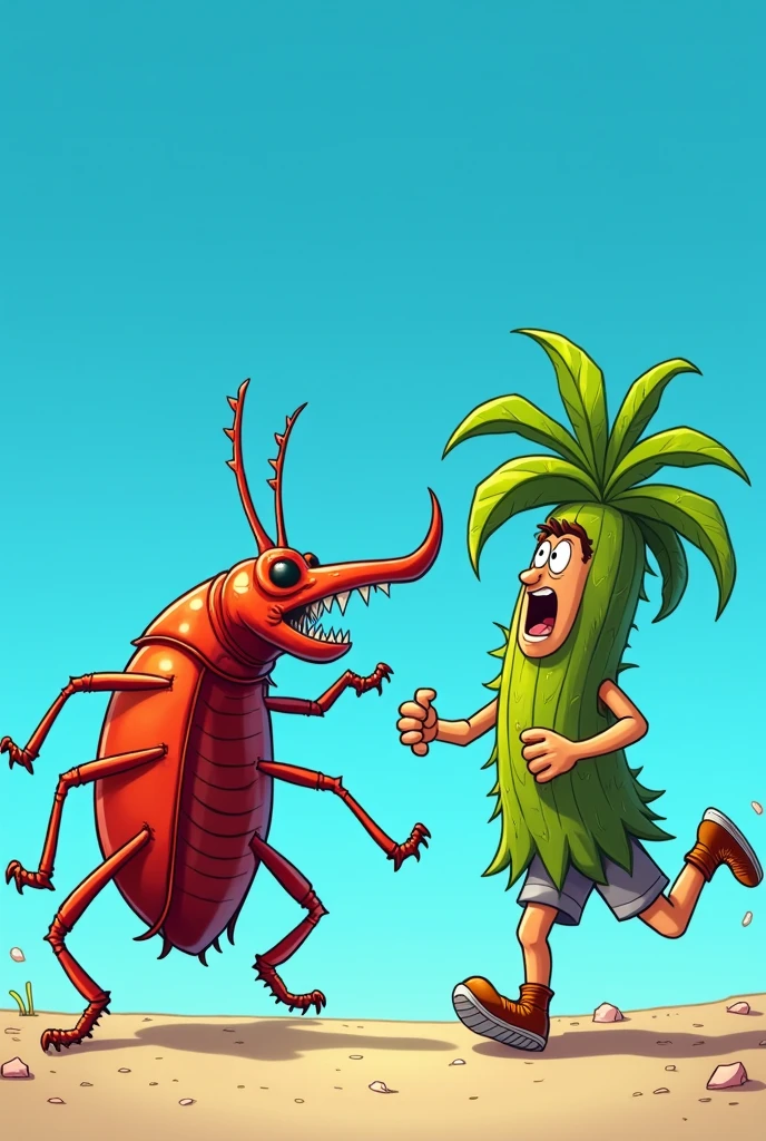 A wicked Rhynchophorus ferrugineus chasing a person disguised as a scared palm tree against a sky blue background, everything as if it were a cartoon