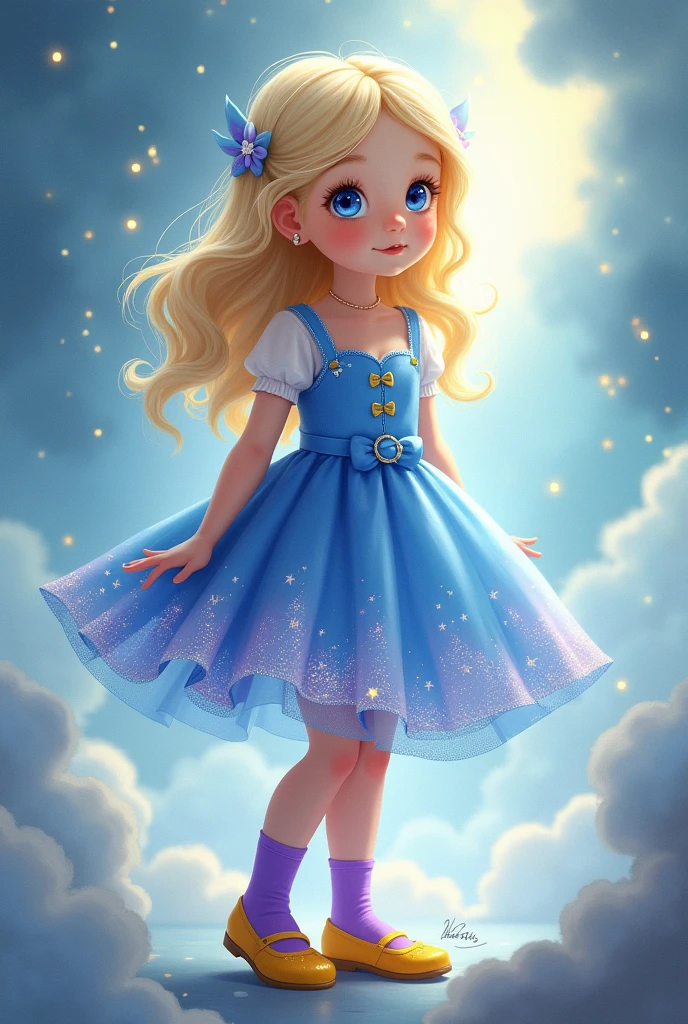 A girl in a blue dress,with stars and a light blue moon on the dress,that she is blonde with blue eyes,with purple socks and yellow shoes