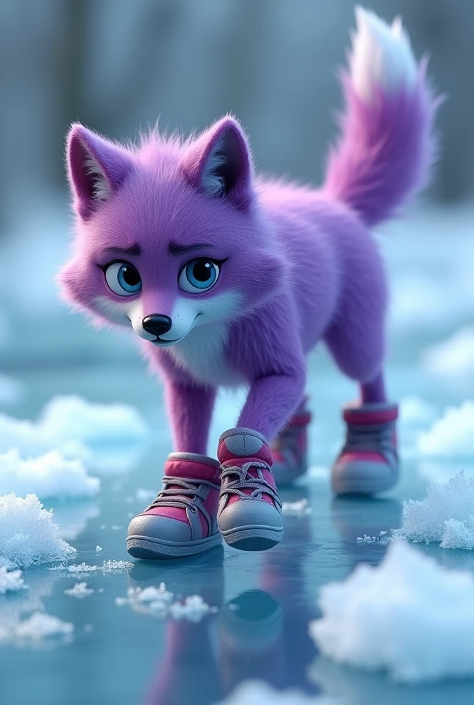 a purple wolf,Realistic and cute,Standing wolf,Floor ice surface,sideways,Wearing shoes,walking carefully,The expression is nervous,Move carefully,Icy background,Floor ice surface,The expression is nervous