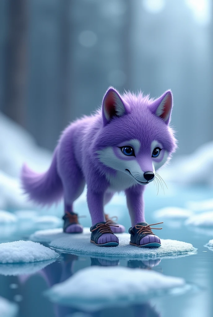 a purple wolf,Realistic and cute,Standing wolf,Floor ice surface,sideways,Wearing shoes,walking carefully,The expression is nervous,Move carefully,Icy background,Floor ice surface,The expression is nervous