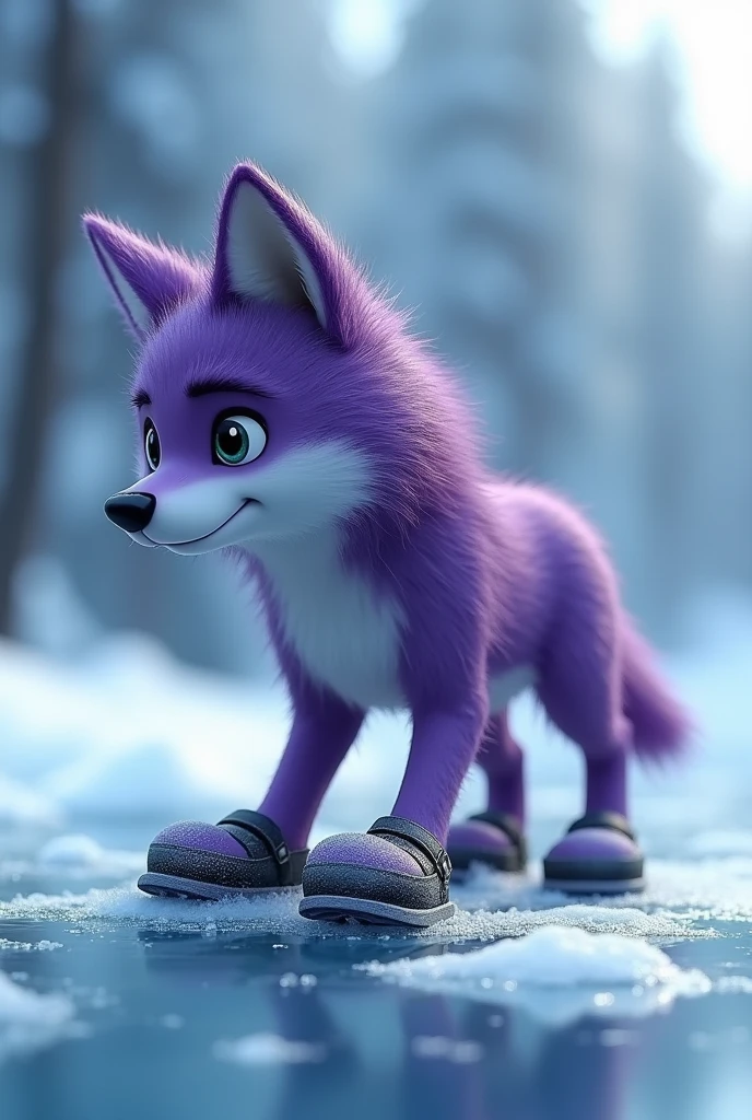 a purple wolf,Realistic and cute,Standing wolf,Floor ice surface,sideways,Wearing shoes,walking carefully,The expression is nervous,Move carefully,Icy background,Floor ice surface,The expression is nervous