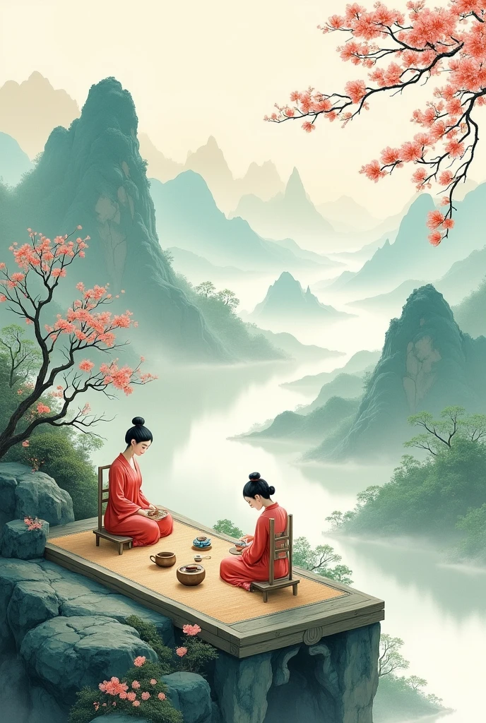 A tea painting with a landscape as a background, Chinese painting style, Chinese style painting, Chinese watercolor style, Highly detailed illustration, dreamland of chinese, chinese brush pen illustration, inspired by Huang Tingjian, author:Qiu Ying, A beautiful artwork illustration, full-colour illustration, Inspired by Xiao Yuncong, inspired by Yuan Jiang