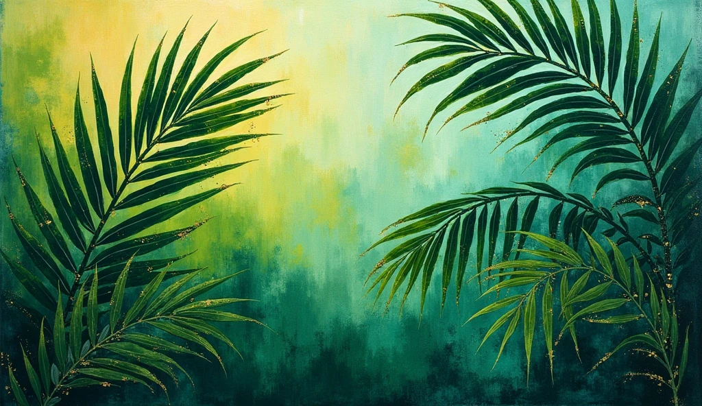 Create an abstract painting with shades of green and gold, featuring leaves and palm trees.