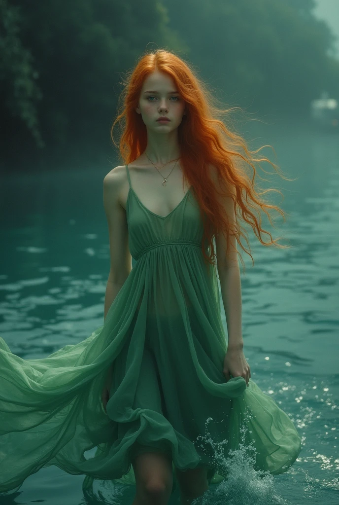 (masterpiece, best quality), ((one girl, alone, long hair)), Ishmael_edge, Innocent look, bare arms, shoulder exposure, A bare neck, watercolor, sundress, Liquid clothing, water, tide, water dress, green_subject, night, Fog, dark, sharp focus, ocean, see-through dress, orange hair