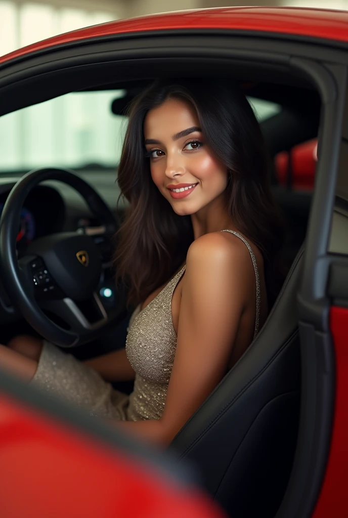 Create an image of a 25-year-old woman who look like exactly Ayeza Khan, with fair skin, hazel eyes, and noticeable dimples. She is earing outifer out fit She is sitting inside a Lamborghini, and the full luxury car is prominently displayed in the scene, showcasing its sleek design and interior features. full car is visisble in picture