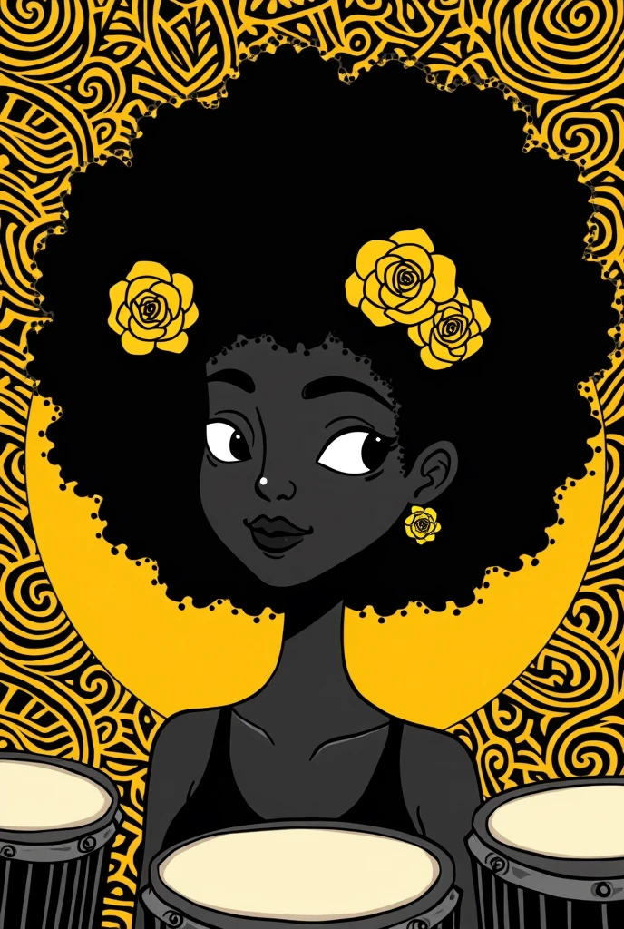 Cartoon silhouette of a black woman&#39;s face with curly hair and yellow roses in her hair, with a bunch of candles illuminating the face and the background being the image of the vueltiao hat