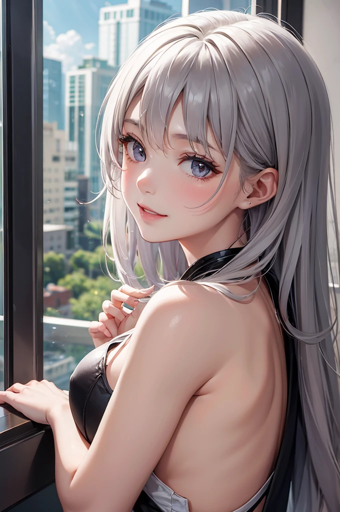 Best Quality,High resolution,8k,finelity detailed background,Masterpiece:1.2),beautiful girl,Glossy romance gray hair,asymmetrical hair,Gray eyes,Gentle look,A refreshing look,smile,Best quality,Best Quality,Aesthetic and aesthetic:1.2,Best details((Super detailed))(High-definition CG illustrations),Upper Body,Dark grey underwear,Slender body,night,moon,Bedroom,On the bed,smile,blush,cute,Scrounge,Looking up,Being spoiled,super model,wariza,shoot from,above