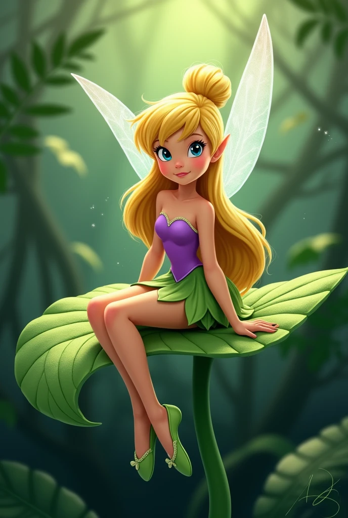 Tinkerbell with long hair, dark blond color, green short skirt, sitting, looking forward, with the purple seashell top from the Little Mermaid, with green ballet slippers, animated cartoon , The light is coming from the front, shining on his face.