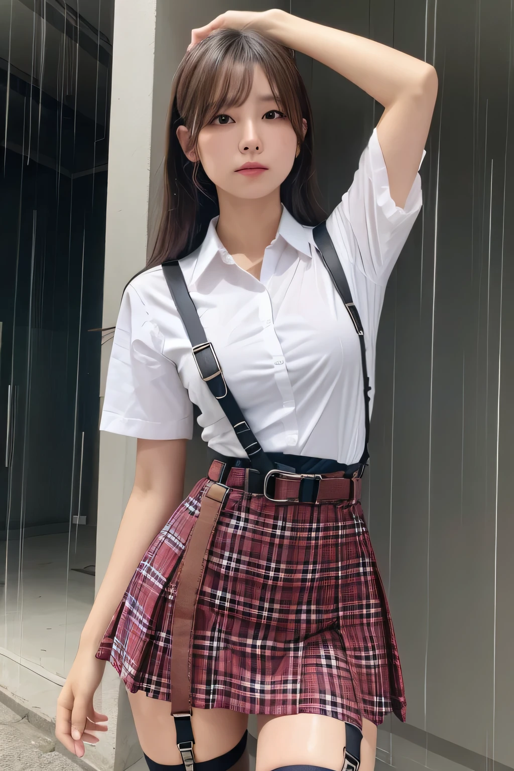 1 female, , high quality, masterpiece, Ultra-high resolution, Cinema Lighting, 1 female, , high quality, masterpiece, Ultra-high resolution, , Cinema Lighting, suspenders Moderate breasts Small face Looking up Sweat Thin belt buzzer 脇Sweat garter belt Belt on pants holster Hands behind your back Looking up Anxious face Knee-high Knee socks Knee-highソックス garter ふとももにgarter belt Checkered mini skirt Panty shot Skirt gap Armament holster holster Hands behind your back Anxious expression Anxious face, legs apart Armament Leg Holster holster See-through clothing heavy rain Rain-soaked dress shirt,Moderate breasts ガーターbelt suspenders Garter on the thigh Checkered mini skirt Looking up Pause belt Armpit sweat Hands behind back Raise your hands