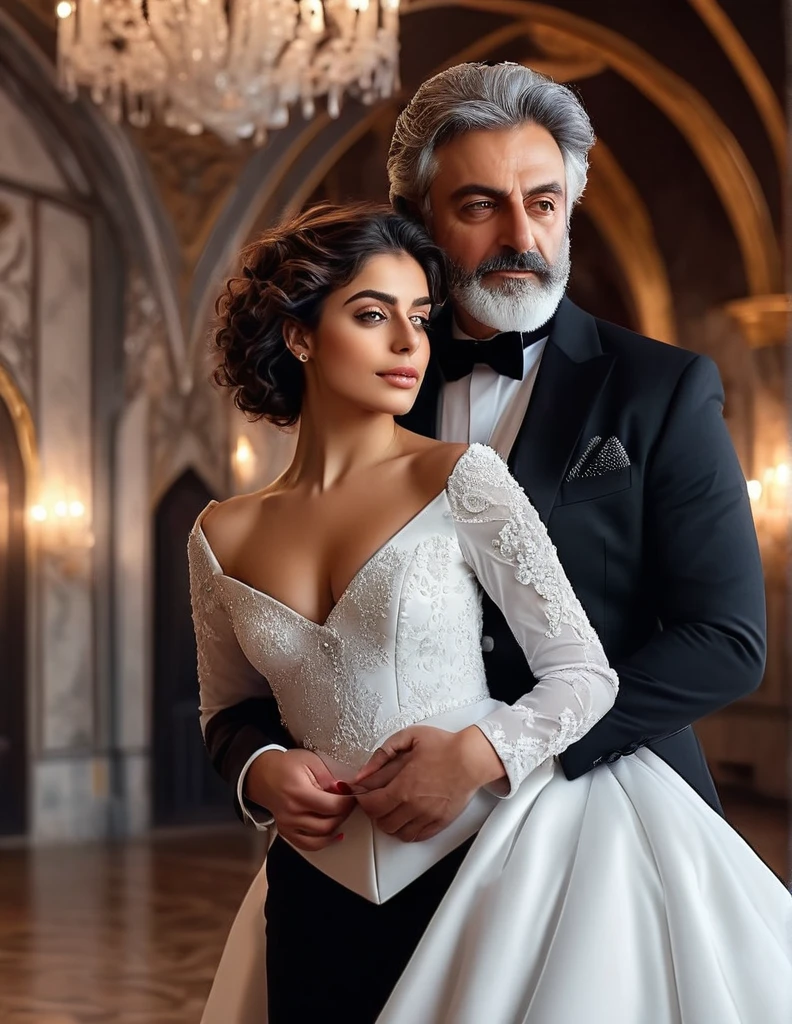 (fullbody photo:2.0) of father and daughter embracing in a ballroom: (a 25-year-old iranian woman, brown skin, triangular shaped face, brown eyes, long wavy hair, dark brown hair, busty, wearing a white winter wedding dress, long sleeves), embracing (a burly 65-year-old iranian man, brown skin,square shaped face, short full beard, brown eyes, short hair, grey hair, burly body, wearing a black elegant suit), in a ballroom of an enchanted castle, winter, (8k, photorealistic, RAW photo, best quality:1.4),