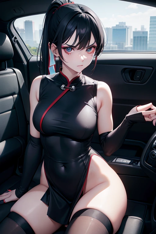 one person, High resolution, High resolution, masterpiece, Anatomically correct, accurate, Winner of numerous awards, Textured skin, retina, Black Hair, Split Ponytail, Slim Body,Slanted Eyes, Contempt/angry gaze, Wide-angle shot, Barrette, anaglyph, Unreal Engine, Black Mini Cheongsam,thirdseats of a minivan,Teen,No sleeve,race,AA-cup,Over the knee socks,Bad makeup
