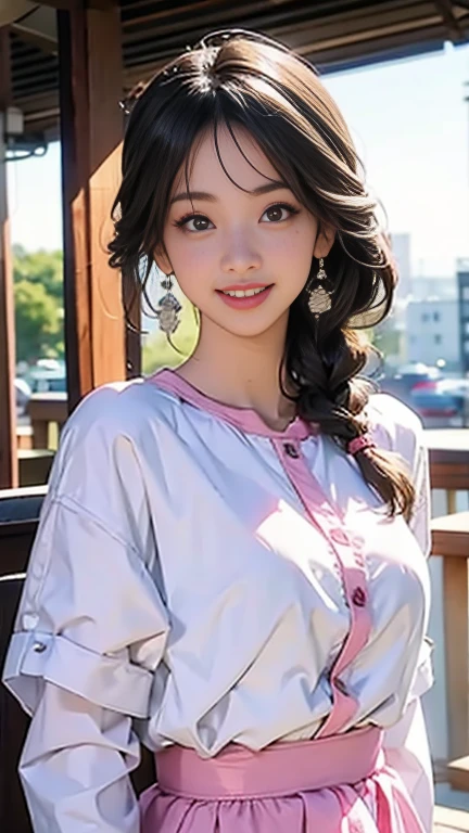 ​masterpiece、masutepiece、4k、8k wallpaper、Official art、girl with、22year old、Looking at me in a maid costume、braid hair、cute  face、ssmile、clean nose、Plumbed lips、huge tit、Pink maid clothes、wear a short frilled skirt、FULL BODYSHOT、Heart mark on hand、Beautiful hands with calculations、beautiful foot、Looking at the camera、The background is a café