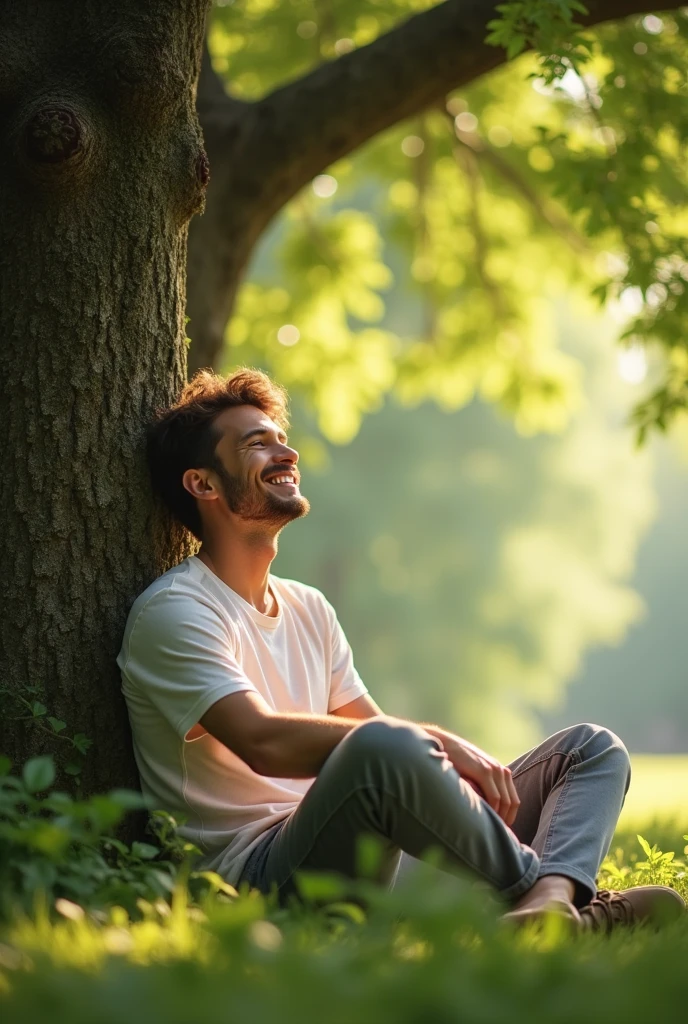 A happy young man sitting under a tree