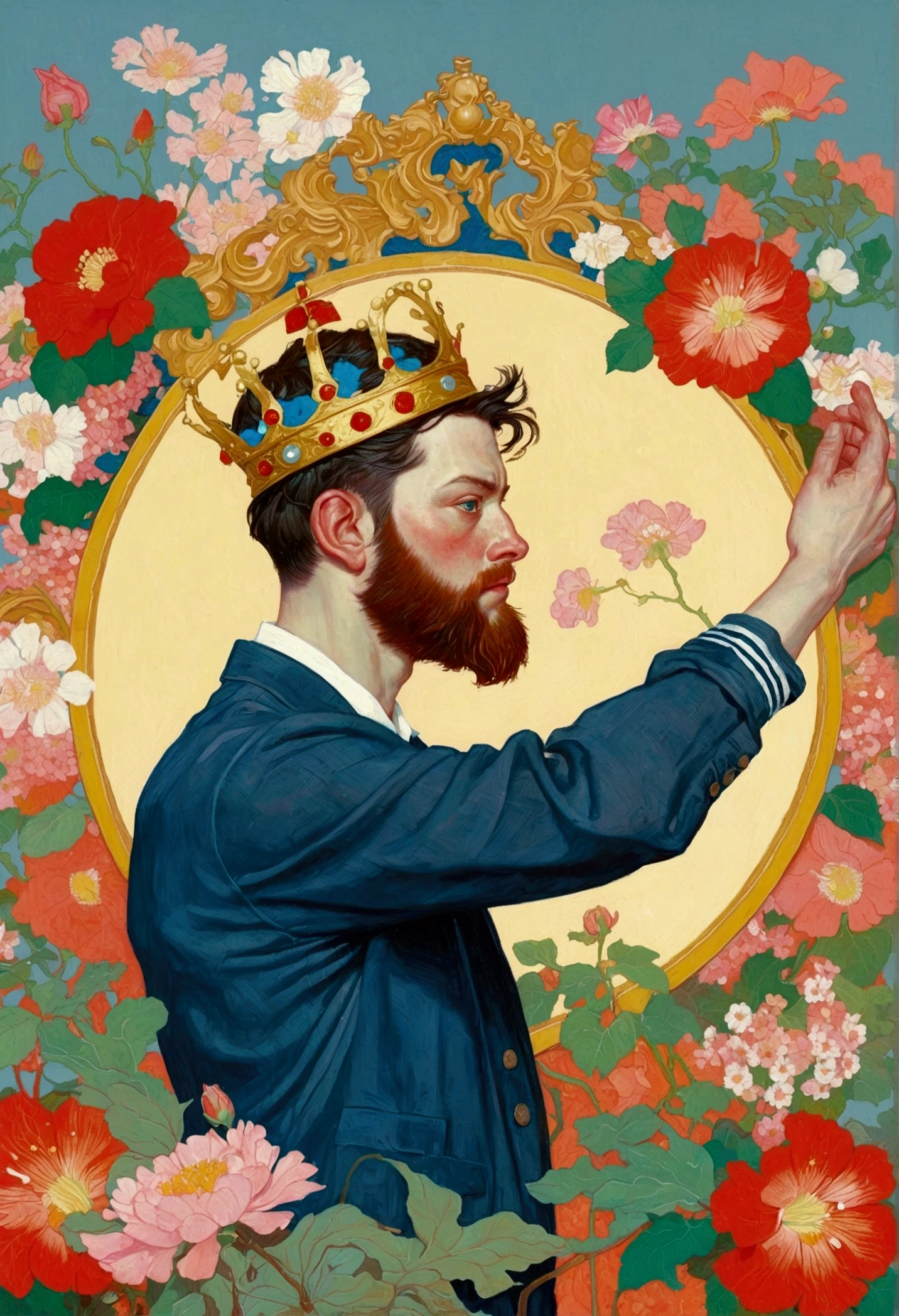 The painting features a man with a beard、Man wearing a crown, excellent portrait, Norman Rockwell and James Jean, Adjusting the Battle, James Jean style, style of james jean, inspiration来自詹姆斯·Christensen, James Jean (James Jean) inspiration, Jack Kemp, Greg Rutkowski ; excellent, 受到 James C inspiration. Christensen, Thomas Kinkade and Tristan Eton, Flowers in bloom