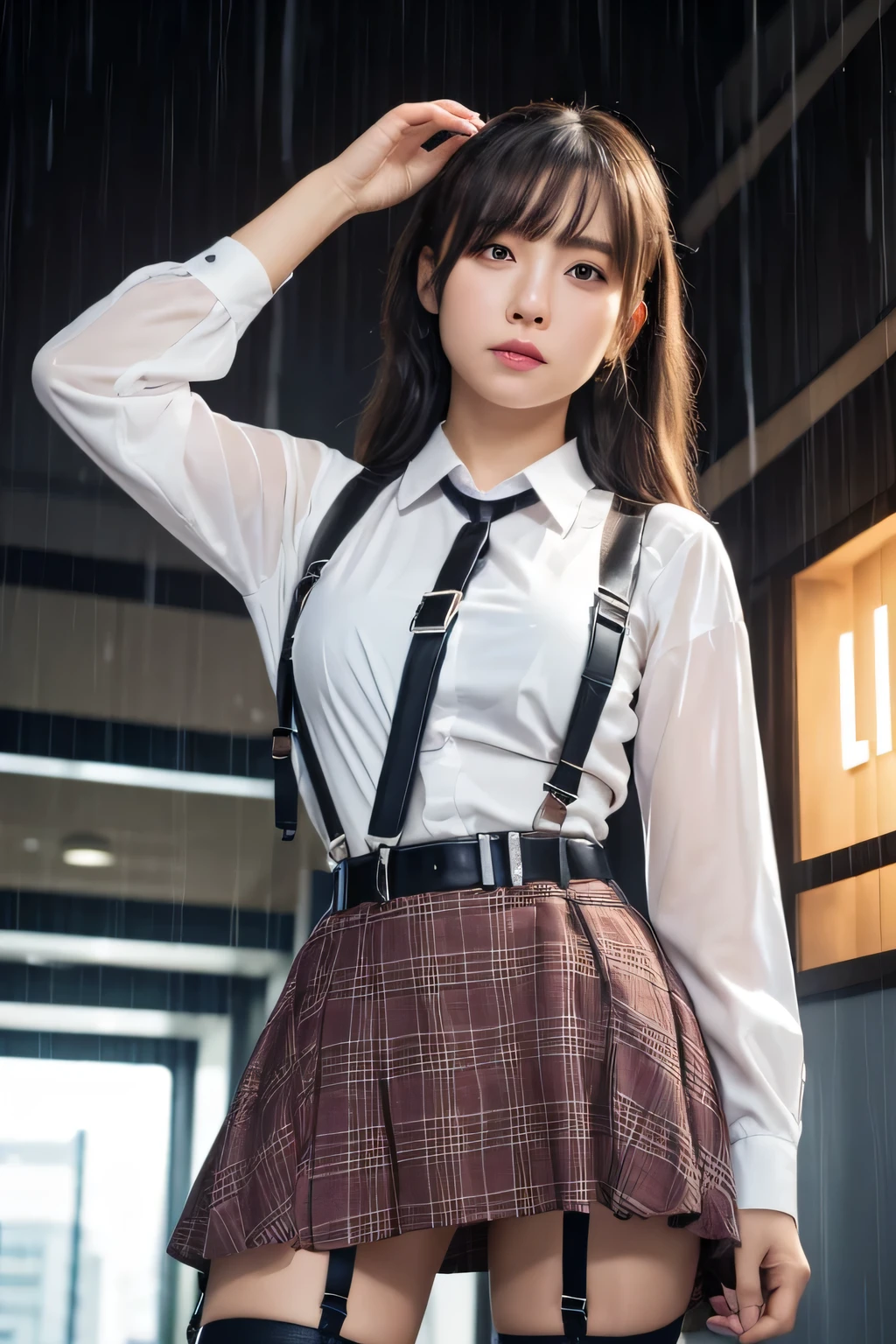 1 female, , high quality, masterpiece, Ultra-high resolution, Cinema Lighting, 1 female, , high quality, masterpiece, Ultra-high resolution, , Cinema Lighting, suspenders Moderate breasts Small face Looking up Sweat Thin belt buzzer 脇Sweat garter belt Belt on pants holster Hands behind your back Looking up Anxious face Knee-high Knee socks Knee-highソックス garter ふとももにgarter belt Checkered mini skirt Panty shot Skirt gap Armament holster holster Hands behind your back Anxious expression Anxious face, legs apart Armament Leg Holster holster See-through clothing heavy rain Rain-soaked dress shirt,Moderate breasts ガーターbelt suspenders Garter on the thigh Checkered mini skirt Looking up Pause belt Armpit sweat Hands behind back Raise your hands