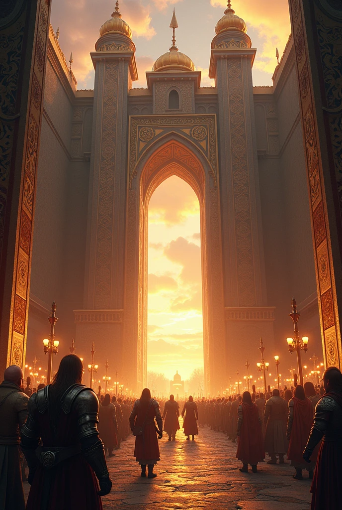 
Create an image of Valhalla, the grand hall where warriors who die with honor in battle are taken in Norse mythology. The hall should be magnificent, with towering walls and golden roofs, set against a vivid sunset or glowing in an ethereal light. Warriors should be seen entering through grand gates, celebrating and feasting inside. The atmosphere should feel glorious and heroic.