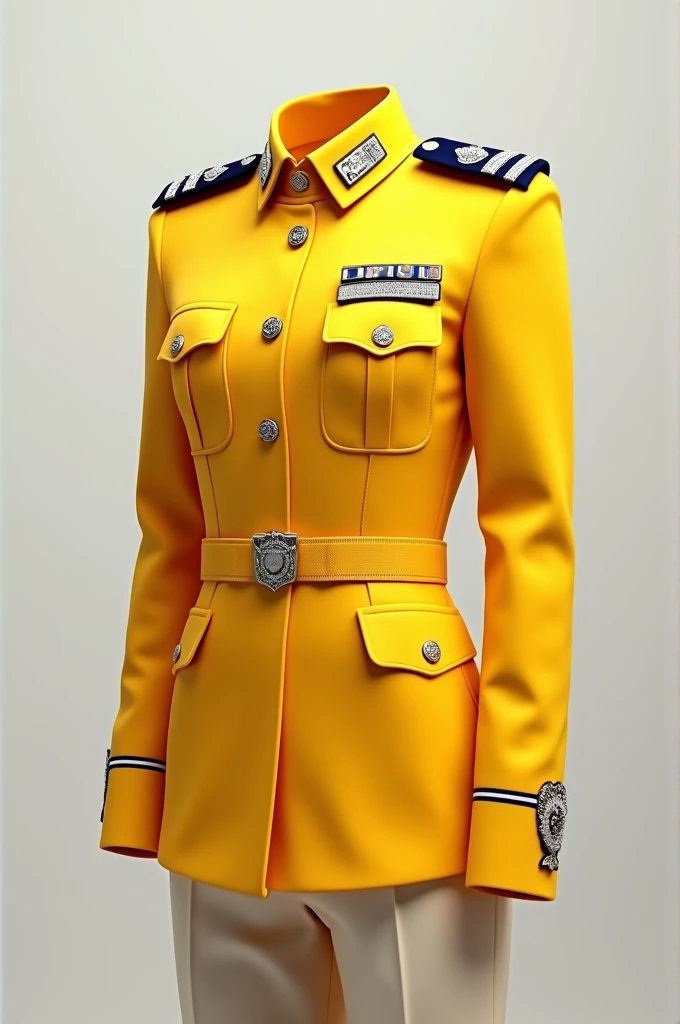 A crisp, formal police uniform draped in a vibrant saffron yellow and pristine white colors, with intricate embroidery and ornate badges adorning the chest and sleeves, set against a clean, neutral background that accentuates the striking color combination, the uniform's creases and folds subtly suggesting a sense of authority and professionalism, with a sharp, modern aesthetic that evokes a feeling of discipline and duty.