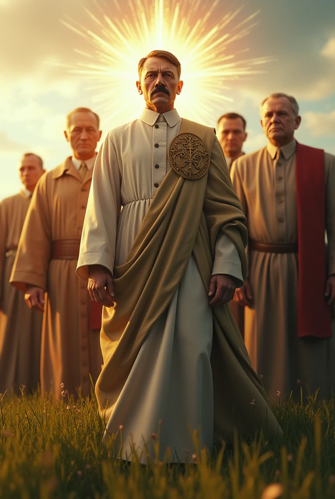 Viktor Orban, Vlagyimir Vlagyimirovics Putyin, Donald Trump, Adolf Hitler, Kim Jong Un, Adolf Hitler was Jesus and Orbán Viktor, Vlagyimir Vlagyimirovics Putyin, Donald Trump and Kim Jong Un are the prophets, Adolf Hitler in the middle of the picture, let the sun shine on the left side, uhd, 4k, Sharp contour, Hillside with grass, Clothing from the time of Jesus,