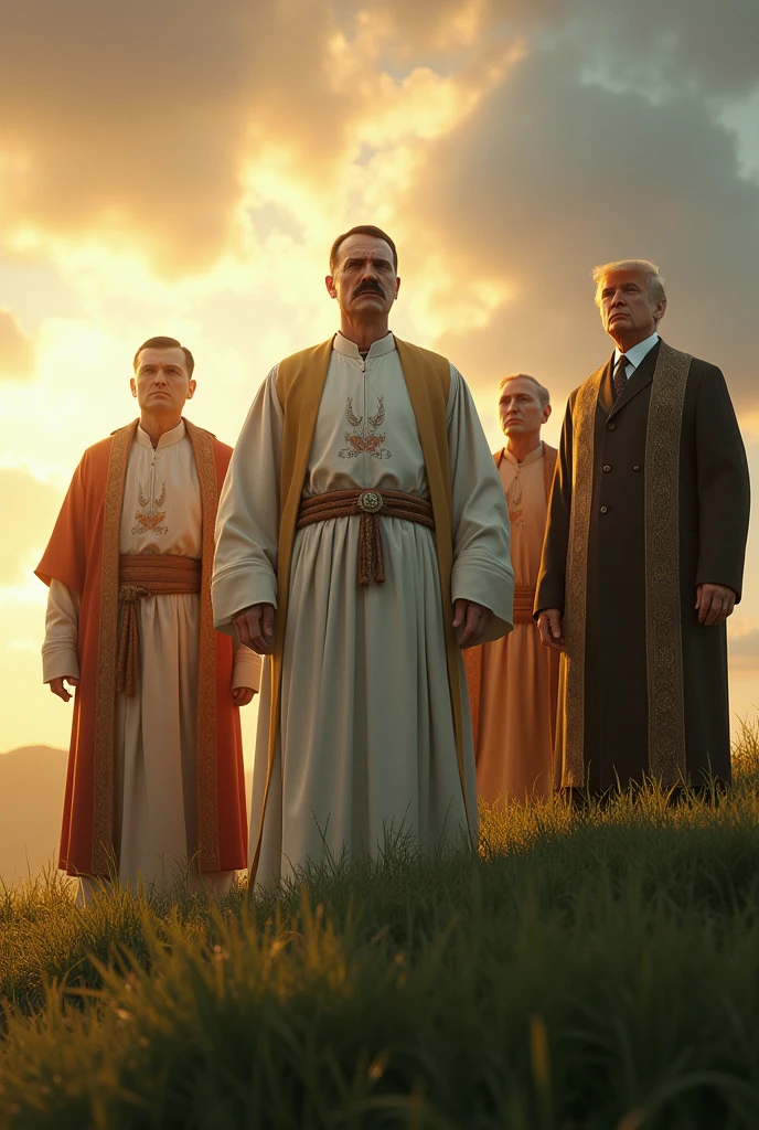 Viktor Orban, Vlagyimir Vlagyimirovics Putyin, Donald Trump, Adolf Hitler, Kim Jong Un, Adolf Hitler was Jesus and Orbán Viktor, Vlagyimir Vlagyimirovics  Putyin, Donald Trump and Kim Jong Un are the prophets, Adolf Hitler in the middle of the picture, let the sun shine on the left side, uhd, 4k, Sharp contour, Hillside with grass, Clothing from the time of Jesus,