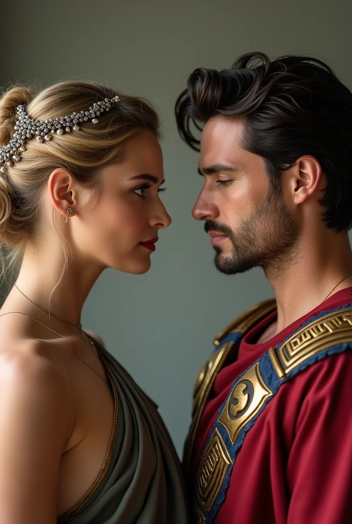 Lili Reinhart and Pedro Pascal in Roman attire, both looking in different directions, lili on the left and pedro on the right, preferably just from the head to the chest. Lili with some hair ornament, no crown, you are wearing a tiara