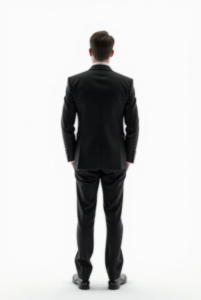 A man facing backwards wearing a black suit with white background. Super clear and hdr.