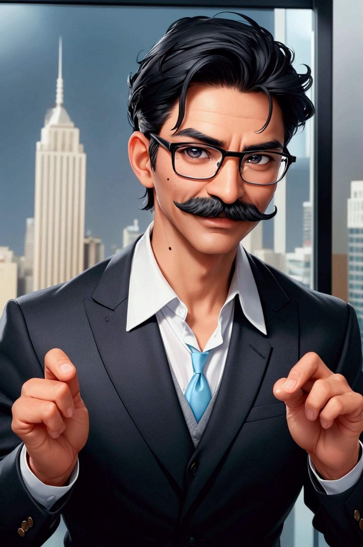 a man with medium tone skin, smooth and even, 50 years old, slender body, black hair styled with gel, formal and discreet mustache in the same tone as his hair, on his face he shows a small mole on the right cheek, between the nose and the moustache, wearing black-framed prescription glasses and clear lenses, wearing a light blue dress shirt, he displays a captivating smile and gestures with his hands with a like sign, in the background a blurred image of the city with buildings on the edge of a beach