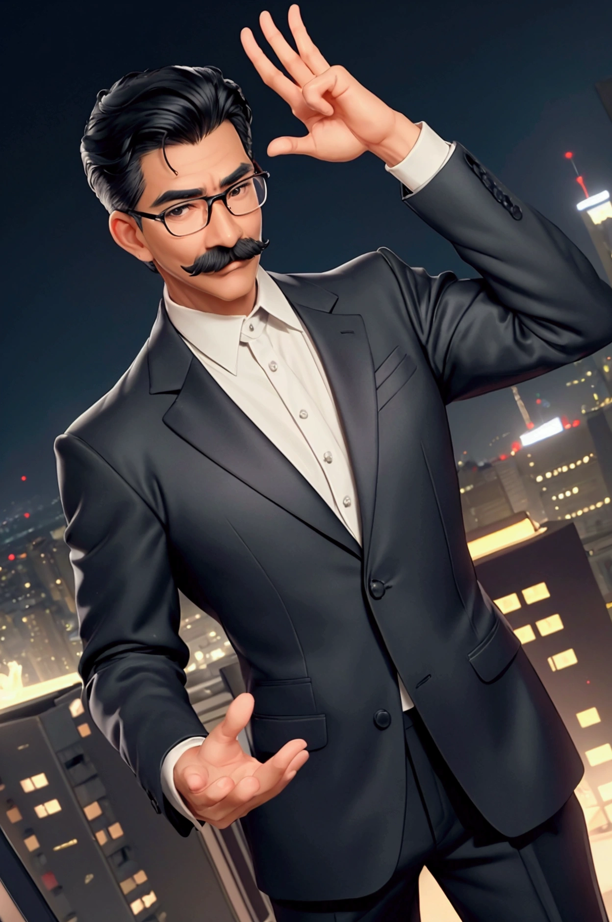 a man with medium tone skin, smooth and even, 50 years old, slender body, black hair styled with gel, formal and discreet mustache in the same tone as his hair, on his face he shows a small mole on the right cheek, between the nose and the moustache, wearing black-framed prescription glasses and clear lenses, wearing a light blue dress shirt, he displays a captivating smile and gestures with his hands with a like sign, in the background a blurred image of the city with buildings on the edge of a beach