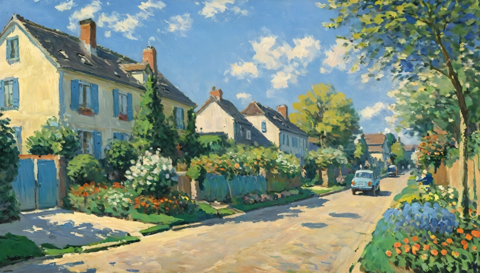 Claude Monet、A beautiful 90s retro suburban street, sunny, beautiful, nostalgic, masterpiece, blue sky