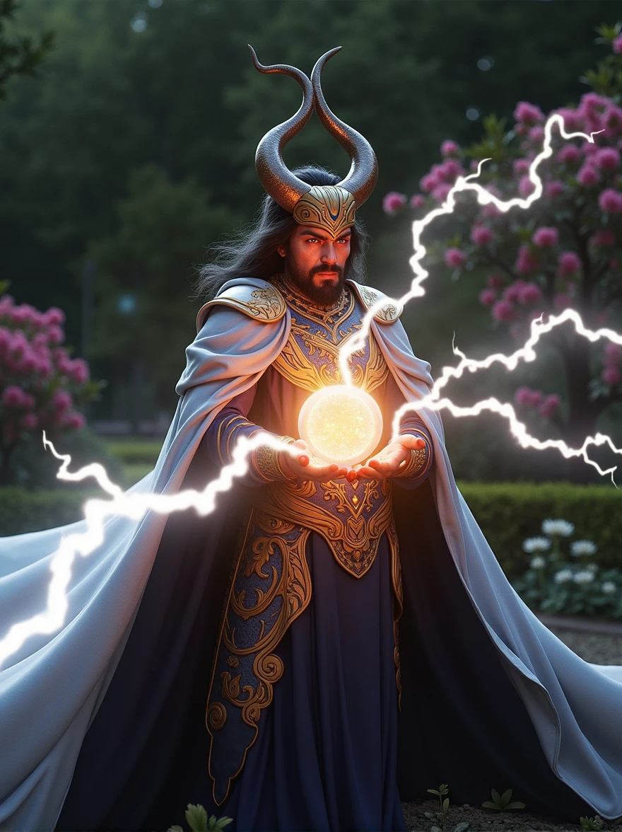 A man who is a magical “Arabian Nights” Jinni, holding out a glowing orb, with lighting bolts from his fingers, background is a springtime garden, daytime light, mood is operative, resolute, propitious, intelligent, character design.