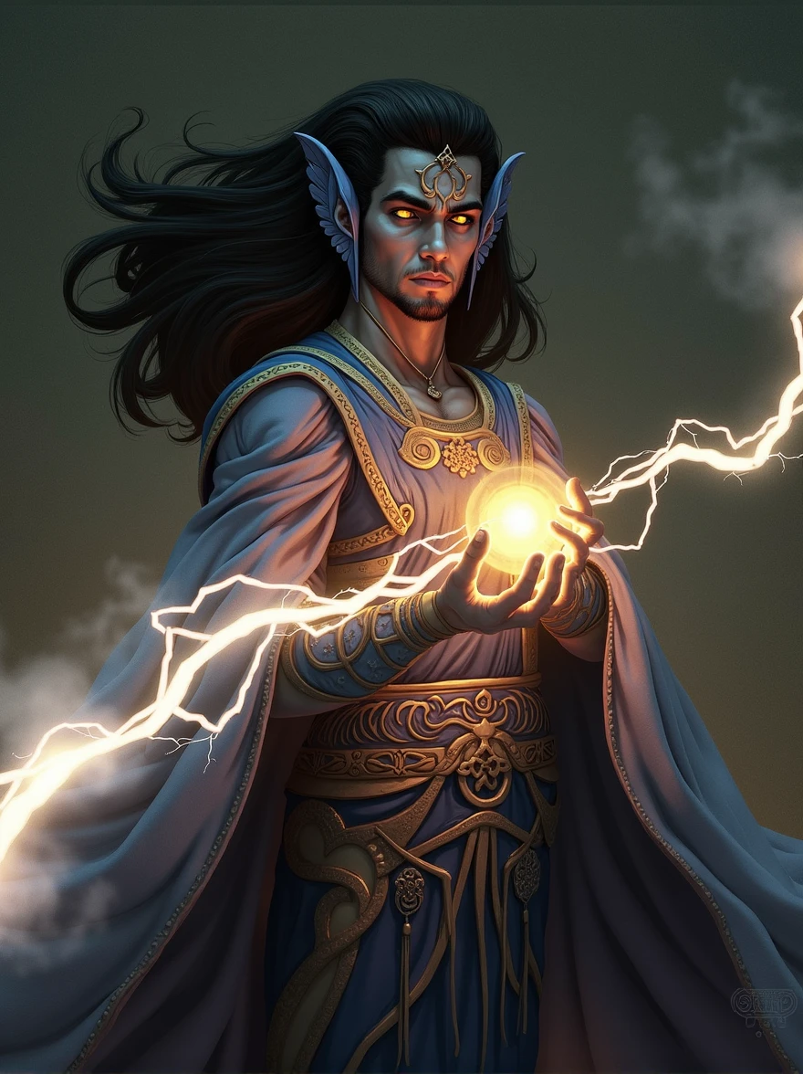 A man who is a magical “Arabian Nights” Jinni, holding out a glowing orb, with lighting bolts from his fingers, background is a springtime garden, daytime light, mood is operative, resolute, propitious, intelligent, character design.
