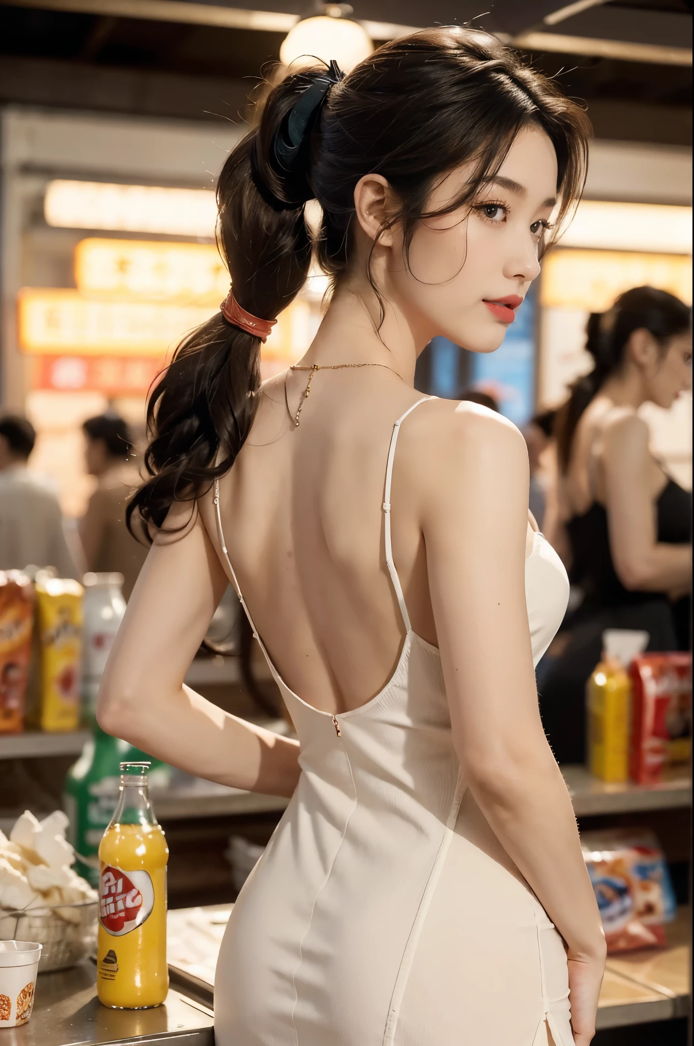 (((best quality))),(((ultra detailed))),(((masterpiece))),illustration,((1 beautiful girl,female cashier,solo)),(short ponytail:1.2),((slim,thin)),((bare back,towering hips,butt crack)),(slip dress:1.3),(standing:1.3),dimly lit,soft glow,shelves,snacks,drinks,necessities,air conditioning,breeze,elegance,grace,vibrant red lipstick,crisp,delicate necklace,sparkling pendant,calmly,warm smile,inviting,poise,unaffected,hustle and bustle,city life,convenience store,haven,weary souls,relentless heat,resilient spirit,(indoor:1.2),(night scene:1.3),((from back,upper body)),(surrounded by crowded crowds:1.3)