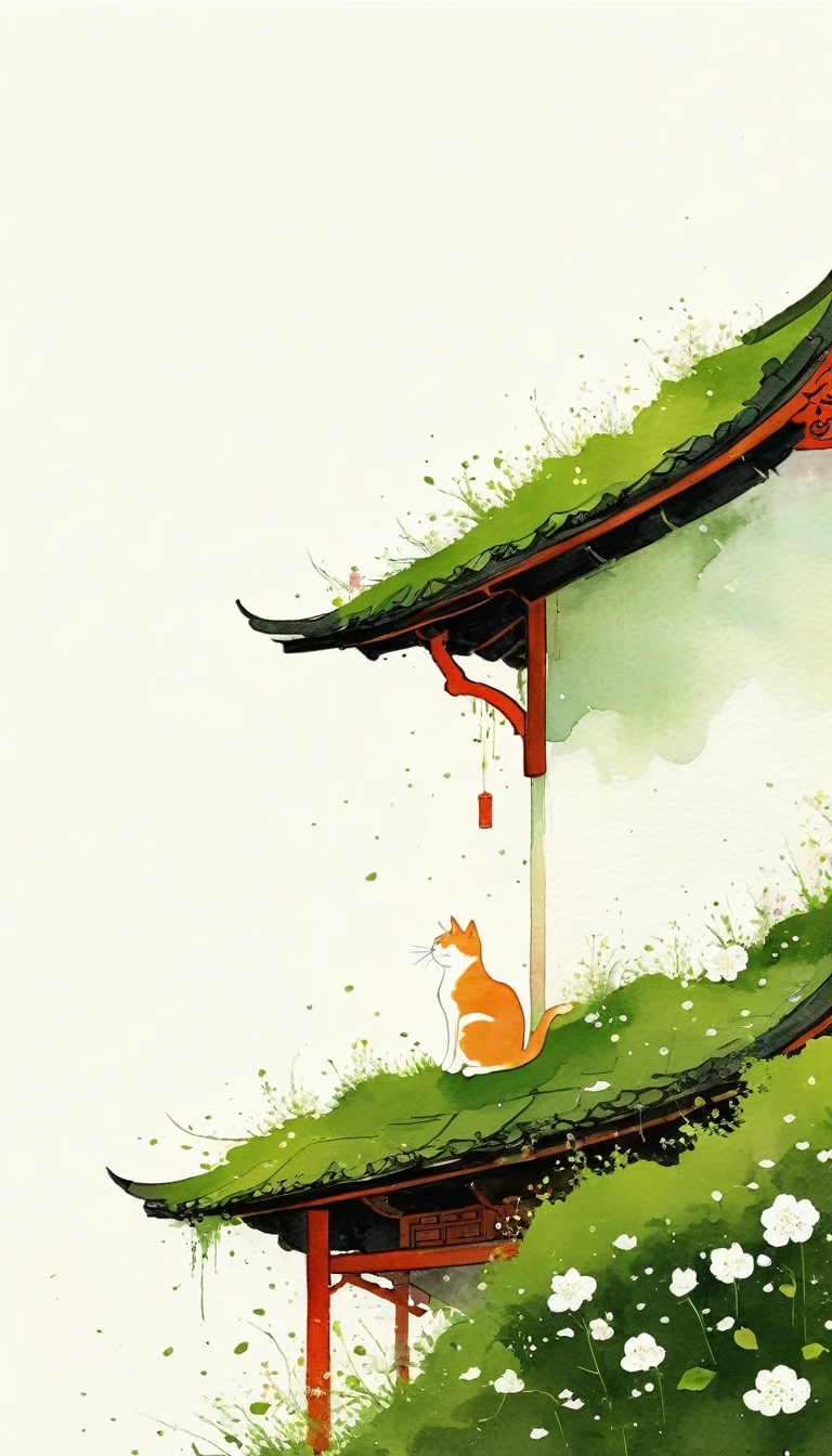 A painting,中国水墨画sketch:Light Ink,Lowercase,sketch,artistic conception,A cat on the moss-covered eaves,cloud,Small white flowers,Minimalism,(((Negative Space,Bottom left composition)))