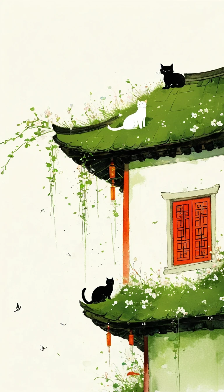 A painting,中国水墨画sketch:Light Ink,Lowercase,sketch,artistic conception,A cat on the moss-covered eaves,cloud,Small white flowers,Minimalism,(((Negative Space,Bottom left composition)))