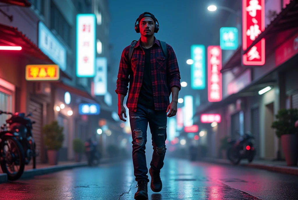 Hyper  realistic, a 28 year old Indonesia man walking on the neon cyberpunk street, ideal body, look straight ahead, wearing dark red flannel shirt and dark ripped jeans pants and black hiking hi-shoes with black backward trucker hat, wear dark leather backpack, wear headphone, masculine photoshoot pose, arrogant man expression, romantic, Bandung night town as background. Use soft photography lighting. top lighting. top lighting, slide lighting, high quality photos, UHD, 64k. shot with Canon EOS 5D Mark IV, cinematic portrait, Realistic face, not changing face, no mustache, Real photo, unchanging face, background change. Real Picture 8k ultra, man, gamer, hyper detailed, sharp focus, studio photo, intricate details, highly detailed, photo real, bright colors, digital graphics, unreal engine, blender art, perfect composition, octane rendering, masterpiece, sharp focus, high detail, art station, concept art, perfect composition, a model of ultra-high quality and clarity, perfect play of light and shadow, 32k UHD, hyper-detailing, complex artistic masterpiece, ((best quality)), ((masterpiece)), (detailed), perfect face
