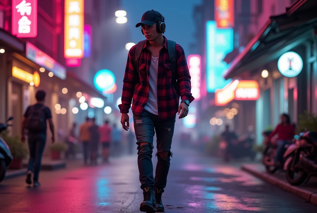 Hyper  realistic, a 28 year old Indonesia man walking on the neon cyberpunk street, ideal body, look straight ahead, wearing dark red flannel shirt and dark ripped jeans pants and black hiking hi-shoes with black backward trucker hat, wear dark leather backpack, wear headphone, masculine photoshoot pose, arrogant man expression, romantic, Bandung night town as background. Use soft photography lighting. top lighting. top lighting, slide lighting, high quality photos, UHD, 64k. shot with Canon EOS 5D Mark IV, cinematic portrait, Realistic face, not changing face, no mustache, Real photo, unchanging face, background change. Real Picture 8k ultra, man, gamer, hyper detailed, sharp focus, studio photo, intricate details, highly detailed, photo real, bright colors, digital graphics, unreal engine, blender art, perfect composition, octane rendering, masterpiece, sharp focus, high detail, art station, concept art, perfect composition, a model of ultra-high quality and clarity, perfect play of light and shadow, 32k UHD, hyper-detailing, complex artistic masterpiece, ((best quality)), ((masterpiece)), (detailed), perfect face