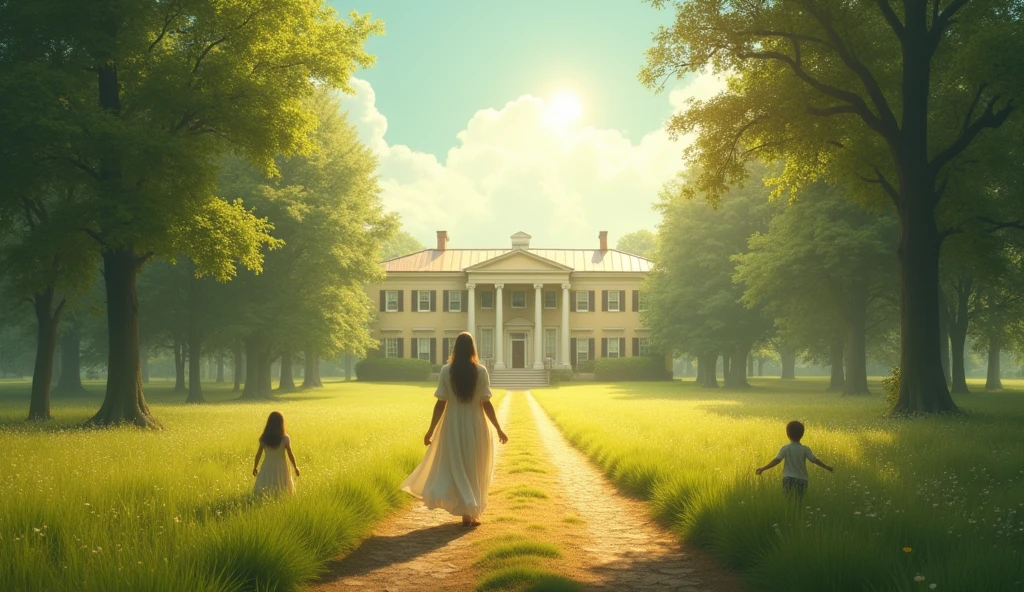 "Create a cinematic scene that portrays the essence of the psalm that speaks of goodness and mercy.. En el centro de la imagen, a sunlit path crosses a verdant field, symbolizing the journey of life. On the right, A person walks serenely, with a countenance of peace and hope, while on the left, a child's figure plays, representing innocence and joy. No fundo, a majestic classic-style house rises under a clear blue sky, surrounded by leafy trees, symbolizing the 'house of the Lord'. Soft light and warm tones should dominate the scene, conveying a sense of welcome and tranquility, emphasizing the promise that goodness and mercy will always accompany us."