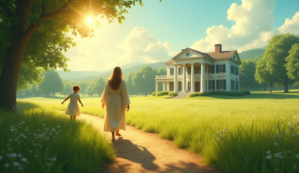 "Create a cinematic scene that portrays the essence of the psalm that speaks of goodness and mercy.. En el centro de la imagen, a sunlit path crosses a verdant field, symbolizing the journey of life. On the right, A person walks serenely, with a countenance of peace and hope, while on the left, a child's figure plays, representing innocence and joy. No fundo, a majestic classic-style house rises under a clear blue sky, surrounded by leafy trees, symbolizing the 'house of the Lord'. Soft light and warm tones should dominate the scene, conveying a sense of welcome and tranquility, emphasizing the promise that goodness and mercy will always accompany us."