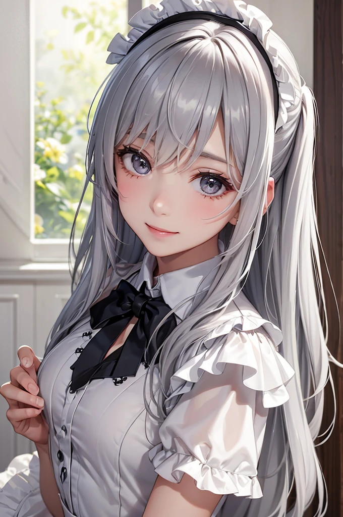 Best Quality,High resolution,8k,finelity detailed background,Masterpiece:1.2),beautiful girl,Glossy romance gray hair,messy hair,Gray eyes,Gentle look,A refreshing look,smile,Best quality,Best Quality,Aesthetic and aesthetic:1.2,Best details((Super detailed))(High-definition CG illustrations),maid uniform,Slender body,Inside the room,smile,blush,cute,Scrounge,Looking up,Being spoiled,super model