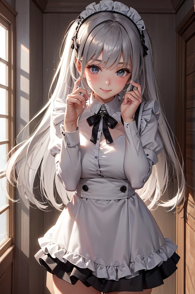 Best Quality,High resolution,8k,finelity detailed background,Masterpiece:1.2),beautiful girl,Glossy romance gray hair,messy hair,Gray eyes,Gentle look,A refreshing look,smile,Best quality,Best Quality,Aesthetic and aesthetic:1.2,Best details((Super detailed))(High-definition CG illustrations),maid uniform,Slender body,Inside the room,smile,blush,cute,Scrounge,Looking up,Being spoiled,super model