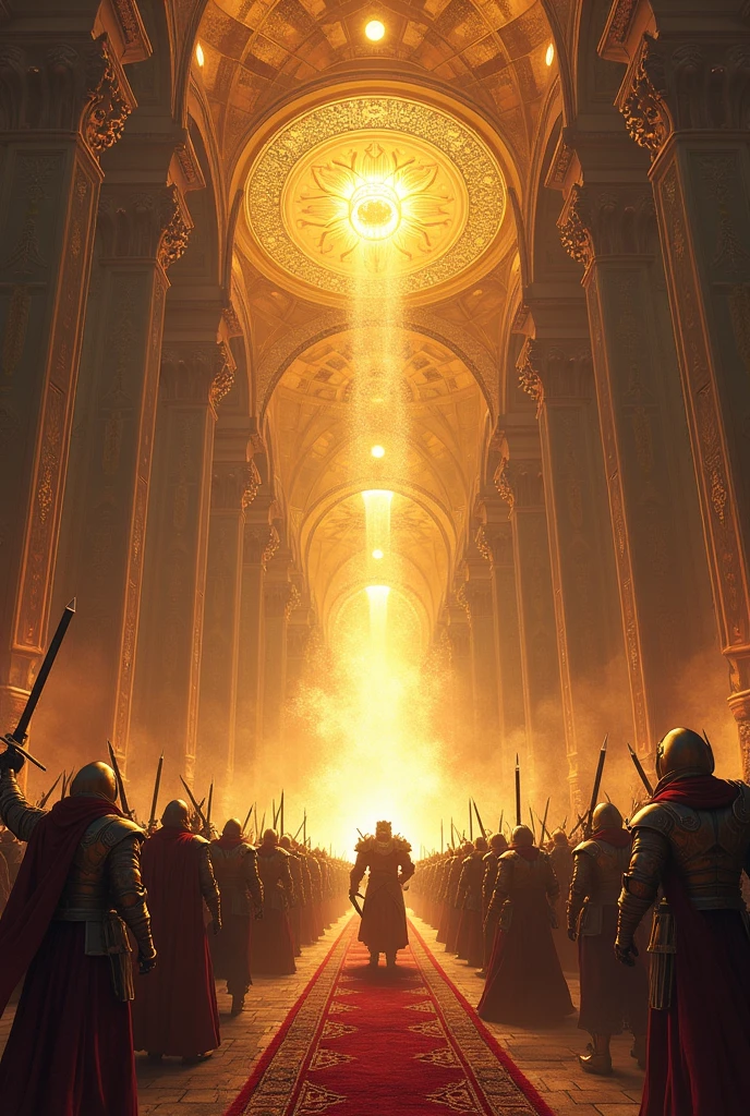 Create an image of Valhalla, the grand hall where warriors who die with honor in battle are taken in Norse mythology. The hall should be magnificent, with towering walls and golden roofs, set against a vivid sunset or glowing in an ethereal light. Warriors should be seen entering through grand gates, celebrating and feasting inside. The atmosphere should feel glorious and heroic.