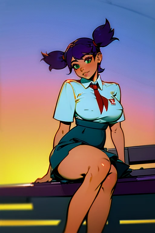 (masterpiece, ultra high resolution, Maximum detail), beautiful girl, Pioneer, pioneer uniform, pioneer blue skirt,red tie and white shirt, Girl hairstyle two pigtails , green eyes, Lilac hair,sitting on a bench in a pioneer camp, Lena Endless Summer, thick legs