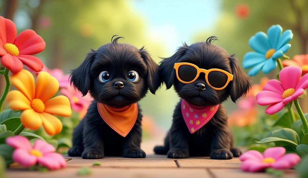 Seven cartoon 
flowers bloom in a rainbow of colors around them 2 adorable black shih tzu puppies with big blue eyes wearing colorful bandanas and sunglasses 3D Pixar style