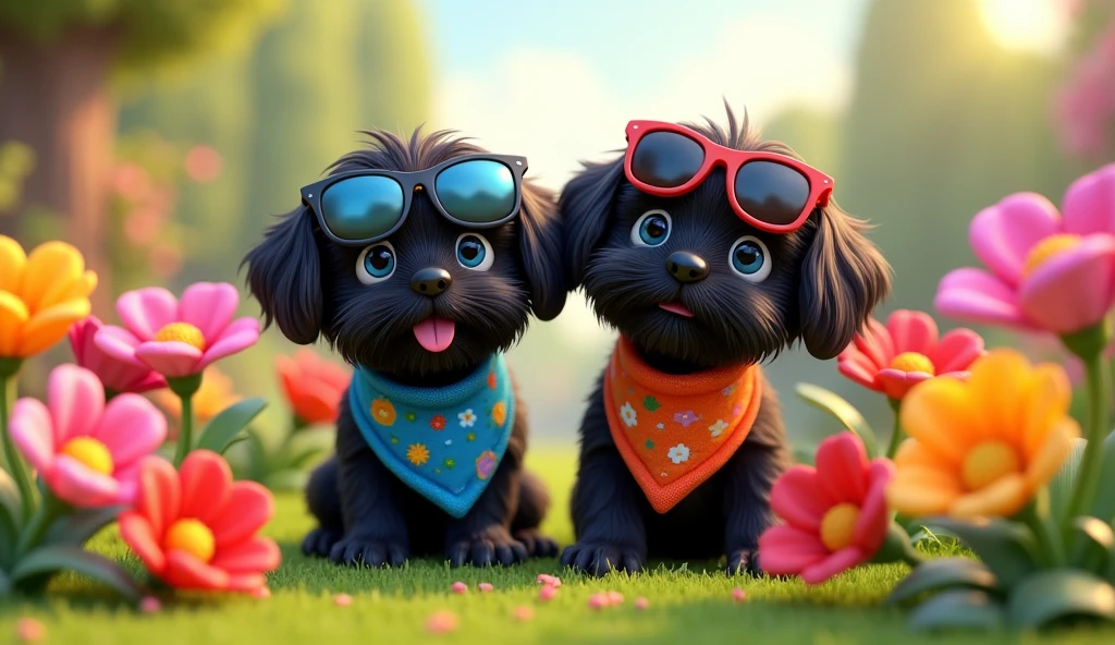 Seven cartoon
flowers bloom in a rainbow of colors around them 2 adorable black shih tzu puppies with big blue eyes wearing colorful bandanas and sunglasses 3D Pixar style