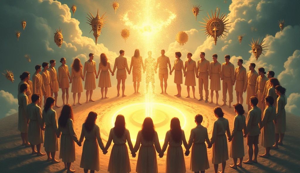 "A group of diverse individuals holding hands in a circle, surrounded by a swirling wind of light carrying cultural artifacts"
