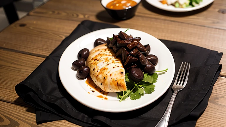A plate of mole poblano with rice and tortillas, in a homely atmosphere or in a traditional restaurant. A person cuts a piece of chicken covered in mole and puts it in his mouth.