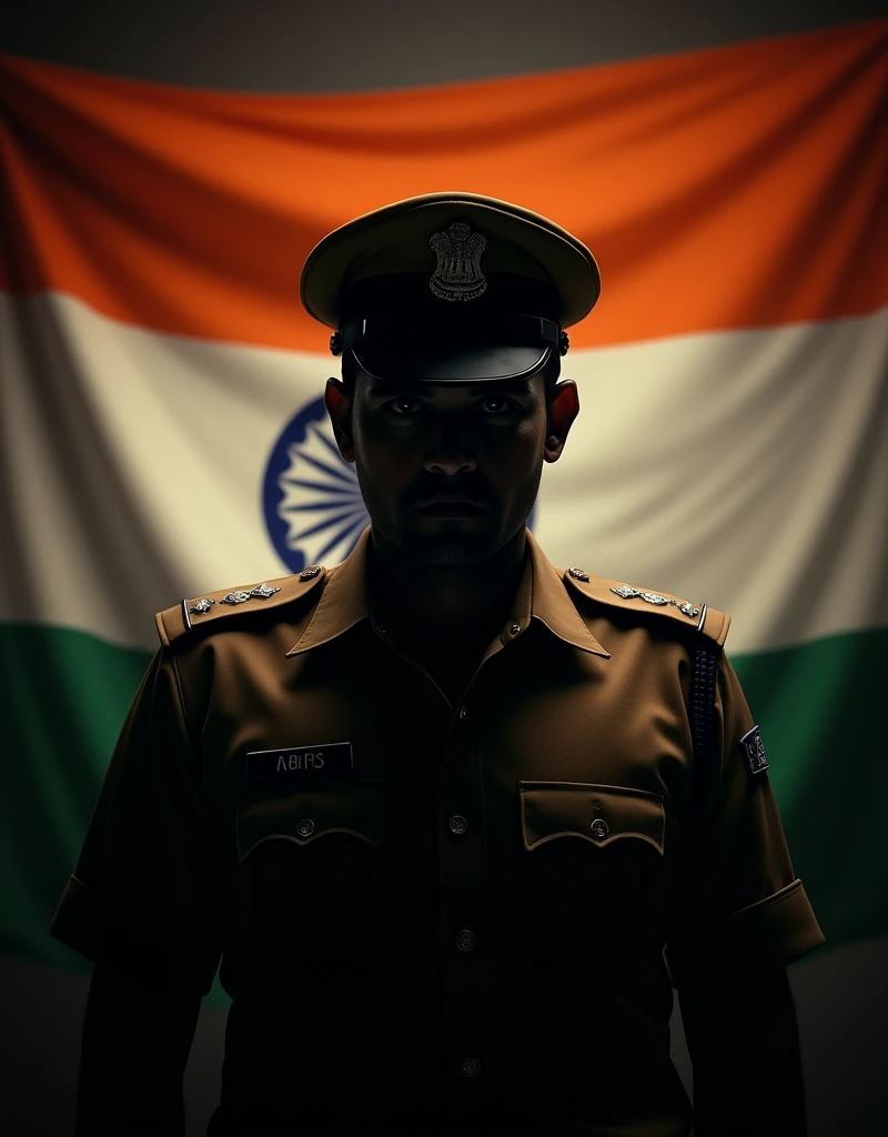 Here is the image of the Indian policeman in a brown uniform, with his face partially in shadow and the Indian flag in the background. Let me know if you'd like any changes or have another request! His face is fully dark and he has no hat on his head he is fully shadow and dark we cannot see his face it is shadowed
